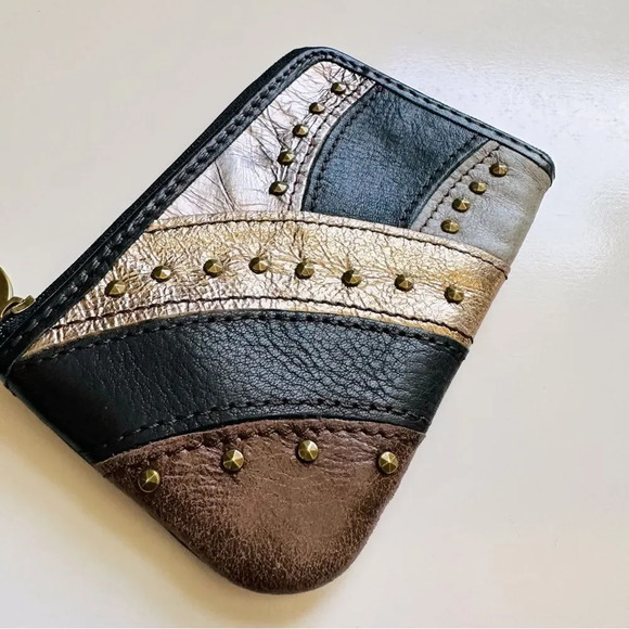 Fossil Leather Meatllic Studded Patchwork Key Pouch Wallet - Picture 2 of 6